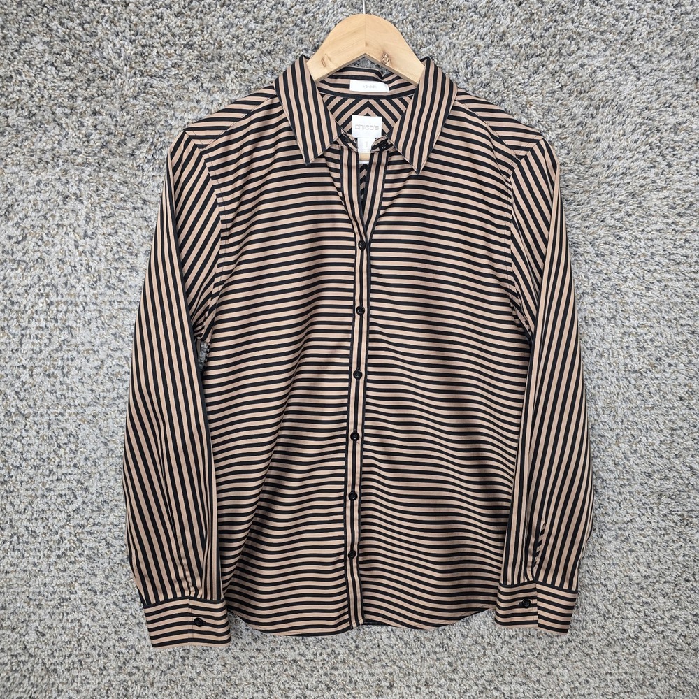 Chicos Top Womens 1 US Medium Black Button Up No Iron Striped Long Sleeve Ladies